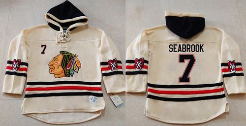 Blackhawks #7 Brent Seabrook Cream Heavyweight Pullover Hoodie Stitched NHL Jersey - Click Image to Close